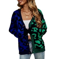 SWSMCLT Women's Long Sleeve Chunky Sweater V Neck Casual Cozy Baggy Knit Cardigan Sweater Cheetah Color Block Button Up Dark Green Large
