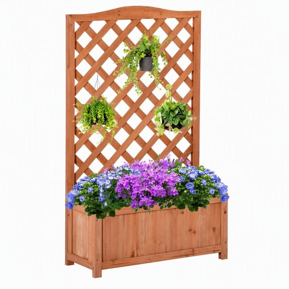 Outsunny Wooden Raised Garden Bed with Trellis, 46 Inch Planter Box for Vegetables Herbs Flowers, Brown