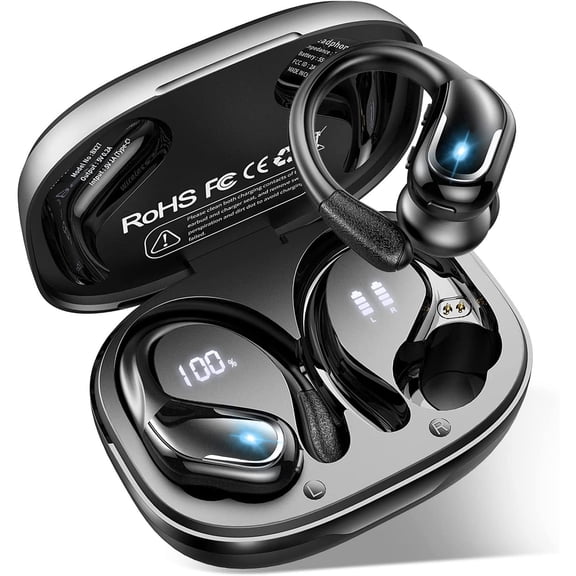 LIFEBEE Wireless Earbud, Bluetooth 5.3 Headphones Pure Bass Sound with Earhooks, 75H Battery Over Ear Headphones with Dual-LED Display, IP7 Waterproof Earphones Built-in Microphone for Running Sports