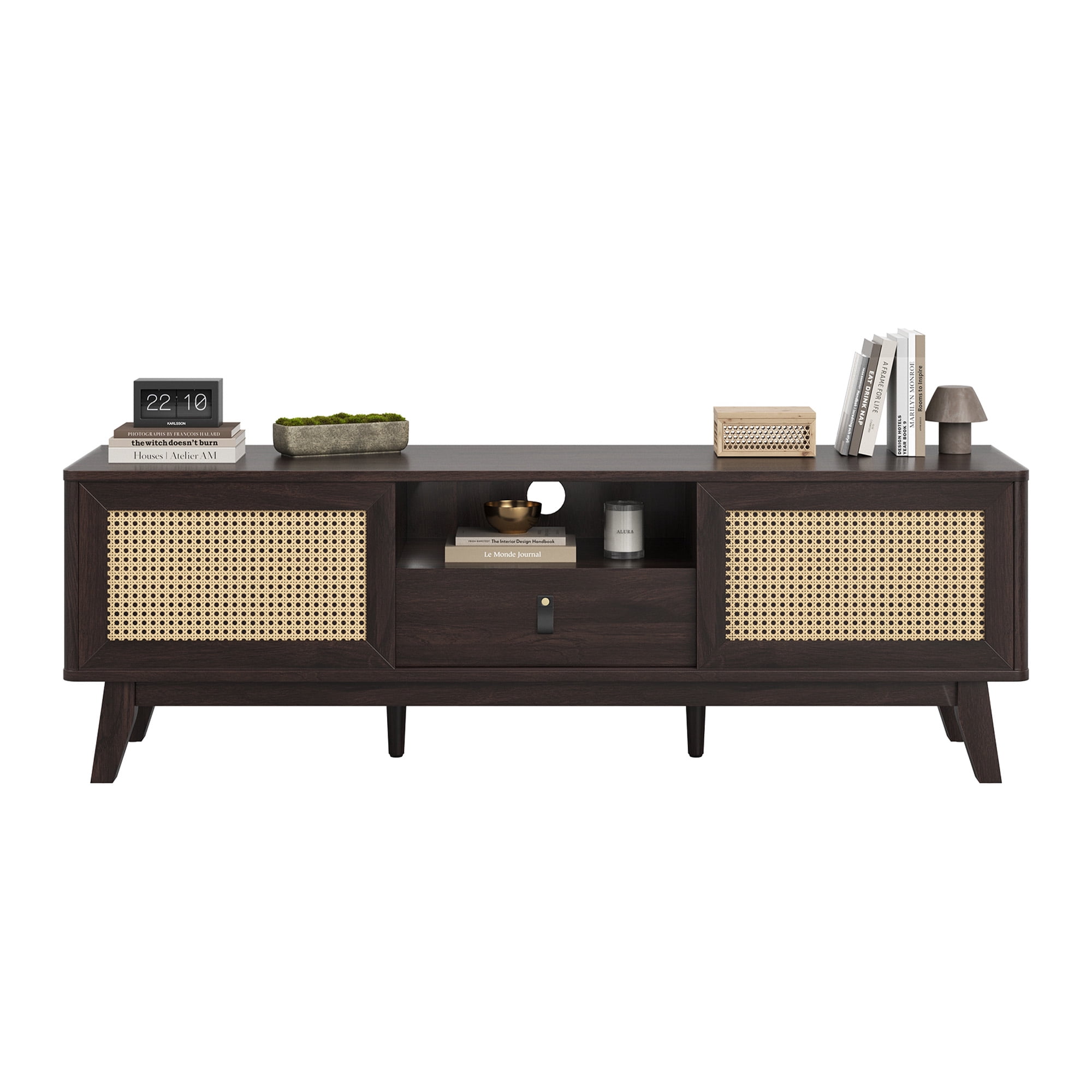 MAYEERTY Walnut 70"Rattan&Wood TV Stand, Boho Media Console with Drawer & 2 Cabinets for Living Room