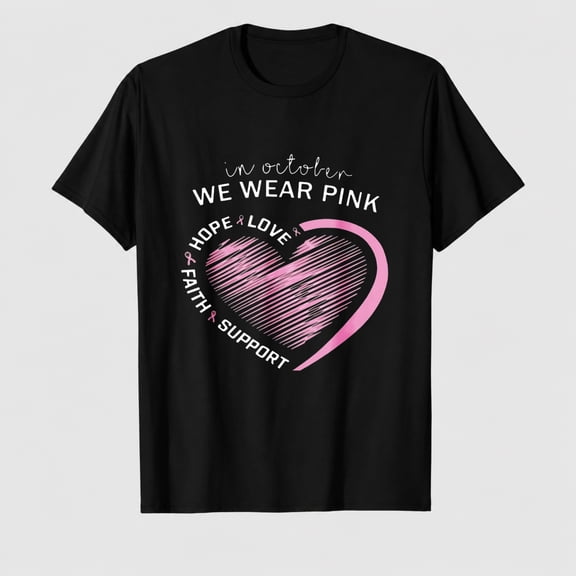 Women's Breast Cancer Awareness October Pink Heart Graphic T-Shirt, 100% Cotton Short Sleeve Shirt