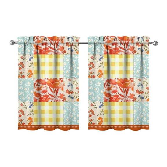 2 Panels Kitchen Window Curtains with Rod Pocket over Sink Pioneer Colorful Floral Small Window Treatment Cafe Short Curtains for Bathroom Tier Drapes 27.5x36inch