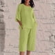 thumbnail image 1 of mfyjkho Pantalones Cortos De Entrenamiento Para Mujer, Conjunto De Ropa Exterior Para Mujer, Holgado, Informal, De Color Liso Y Lino, Cuello Redondo, Manga 3/4 Y Pantalones L, 1 of 5