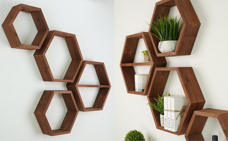 Extra Large Hexagon Floating Shelves - Set of 4 - Honeycomb Shelves Octagon  Shelves Wall Hanging Shelves Honeycomb Decor - Wooden Honey Comb Hexagon  Shelf for Wall - Geometric Hexagonal Natural Wood 