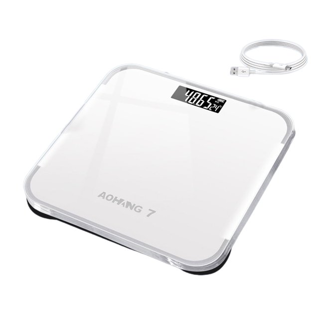 Fiogavroetic Fitness Home Commercial Indoor Weight Scale with LCD high-definition display and rechargeable functionality. The scale features a sleek white tempered glass design, measuring 26x26cm (10.24x10.24in) and weighing 850g (1.87lb). It includes a USB data cable for charging and offers accurate weight tracking, durability, and portability. Ideal for home or travel use.