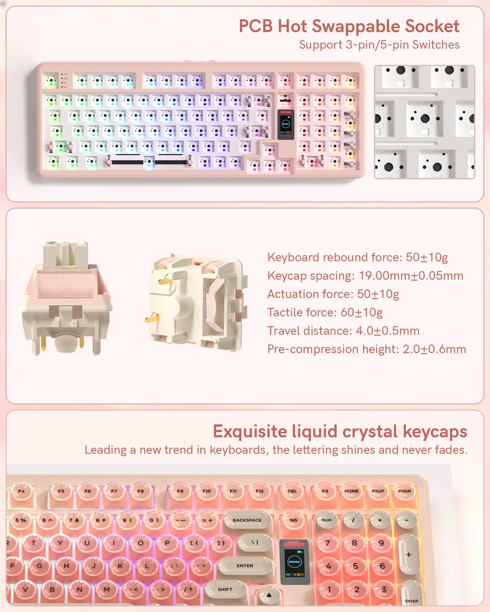 COSTOM Wireless Mechanical Keyboard, 98% Hot Swappable Custom Keyboards Gaming Keyboard,3 Mode with Multimedia Screen,RGB Backlit,Crystal Jelly keycaps for Win/Mac,Pink