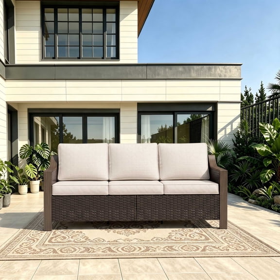 Joyside 75" Patio Metal Wicker Sofa, All-Weather Rattan Couch with Deep Seats, Washable Cushions & Steel Frame, 3-Seat Sofa for Garden, Beige/Brown