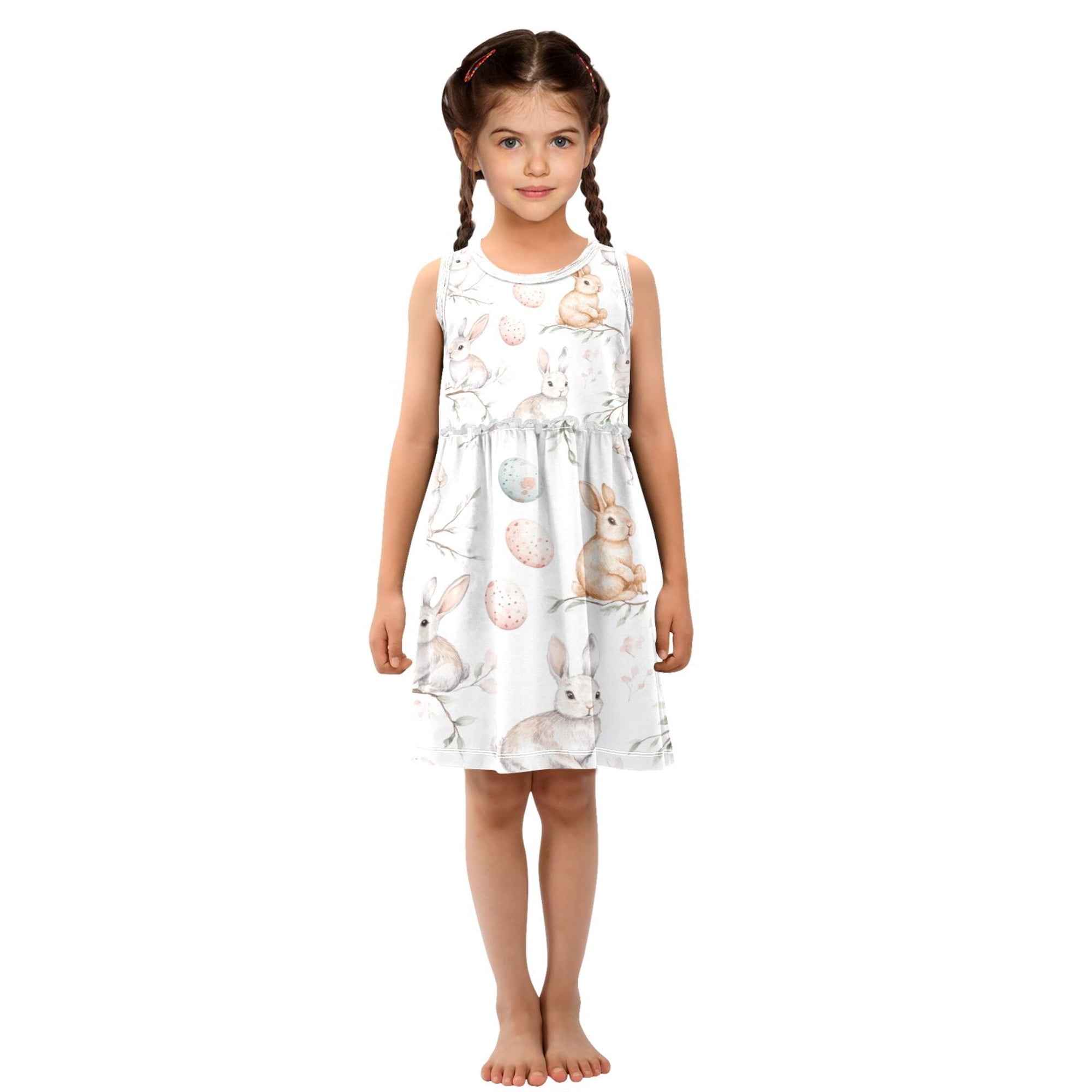 Girls Summer Sleeveless Dress Soft Cotton A-Line Dress Easter Bunnies and Willow Branches 8Y