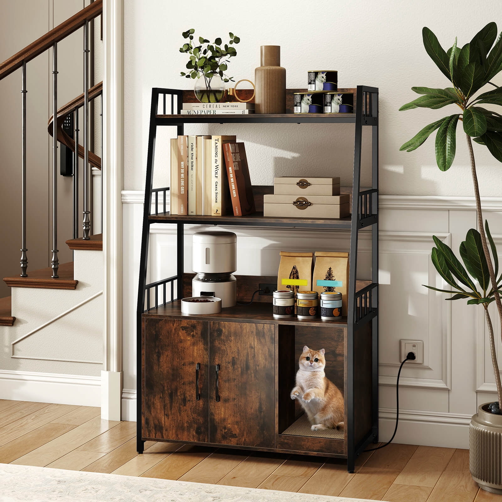 Costway Cat Litter Box Enclosure with Storage Shelves Scratching Pad Charging Station Coffee