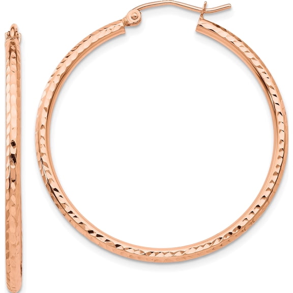 10K Rose Gold Polished Lightweight Large Diamond-Cut Tube Hoop Earrings (Width 2) (Length 35) - Jbsp