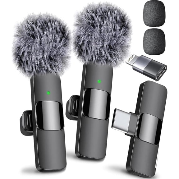 Fengxx 2‑Pack Wireless Lavalier Microphone, Plug‑Play Lapel Mic with Type‑C & Lightning Adapter