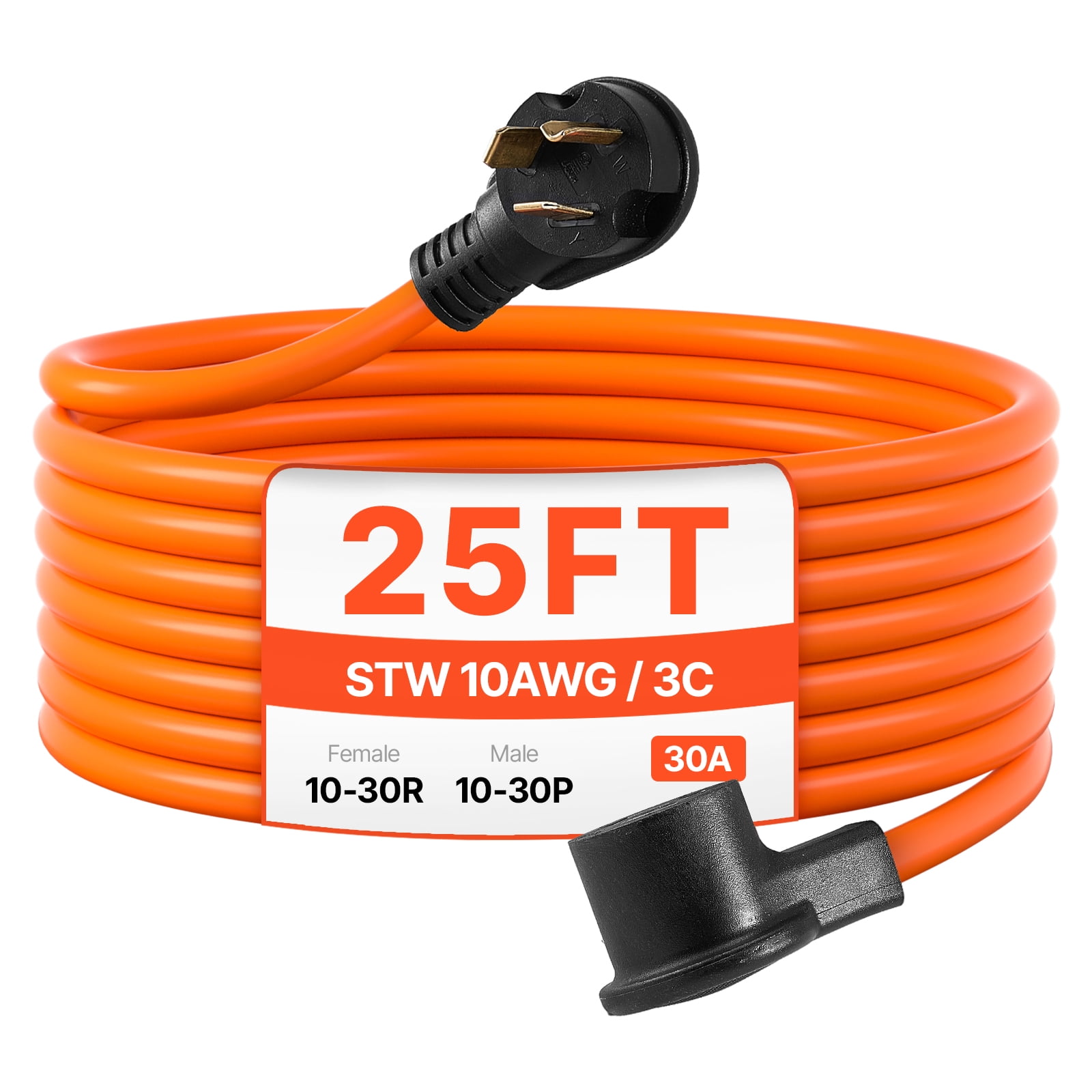 VEVOR 25 ft Dryer Extension Cord, 3-Prong NEMA 10-30P to 10-30R Dryer Cord, 125V/250V STW 10AWG/3C, 30A, Pure Copper Wire Cable with Black Non-woven Bag and PVC Cable Tie, Ideal for Indoor & Outdoor