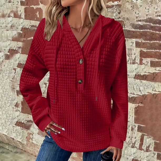 Sudadera con capucha y manga larga para mujer, informal, con botones y botones, con capucha y botones, de color liso