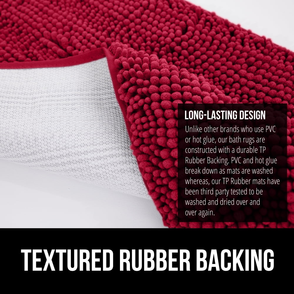GORILLA GRIP Chenille Bath Rug 30x20, Rubber Backing Quick Dry Washable Microfiber Mats, Red