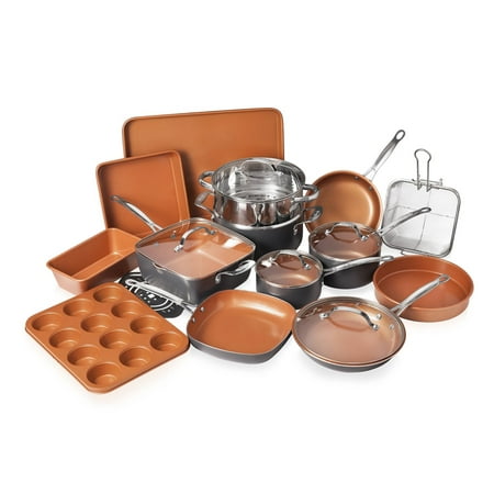 Gotham Steel 20 Piece All in One Kitchen Cookware + Bakeware Set with Non-Stick Ti-Cerama Copper Coating – Includes Skillets, Stock Pots, Deep Square Pan with Fry Basket, Cookie Sheet and Baking