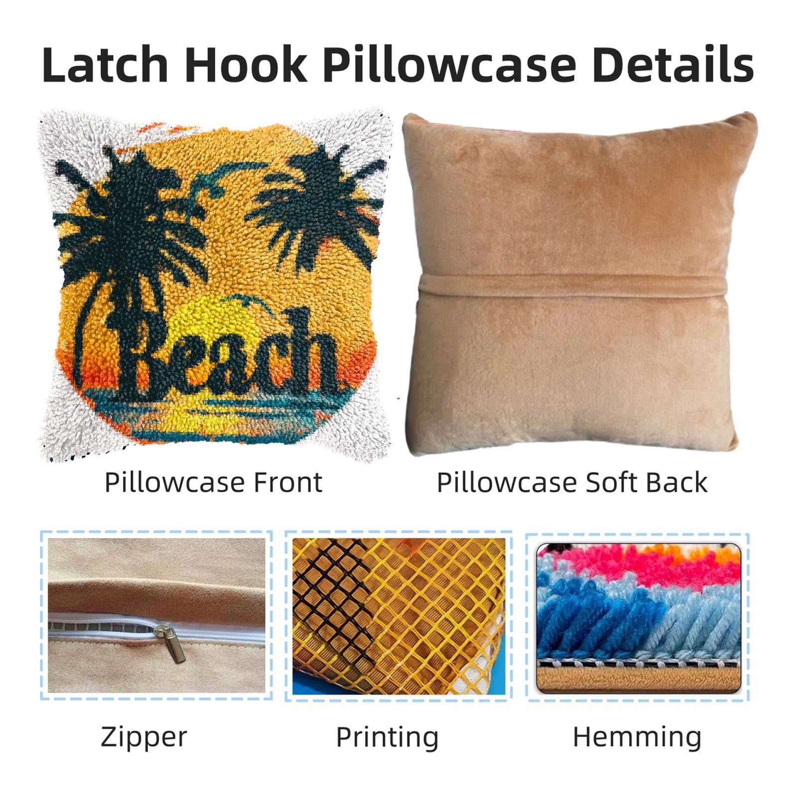 Sunset and Beach Coconut Trees DIY Latch Hook Pillow Kits for Adults Printed Pillowcase Crochet Yarns Hooking Handmade Pillow Cover Cushion for Home Sofa Decoration 17x17inch