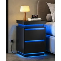 Black Nightstand with Charging Station and LED Lights, Bedside Table with 2 Wooden Drawers and Sliding Top, Modern End Table Side Table for Bedroom, Living Room, Office