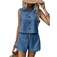 thumbnail image 2 of Womens Summer 2 Piece Linen Sets Sleeveless Button Crew Neck Vest Tops Matching Shorts Set Travel Vacation Casual Outfits,Blue,L, 2 of 4