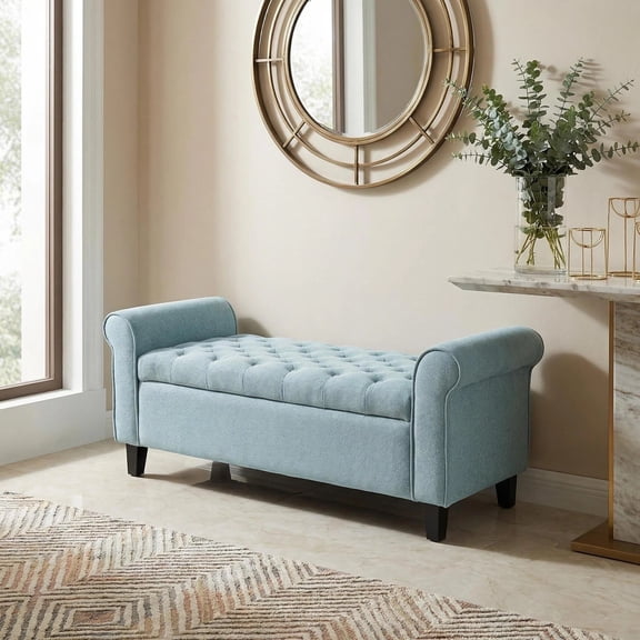 FFZ 50"L Light Blue Fabric Storage Bench with Rolled Arms and Button Tufting, Light Blue