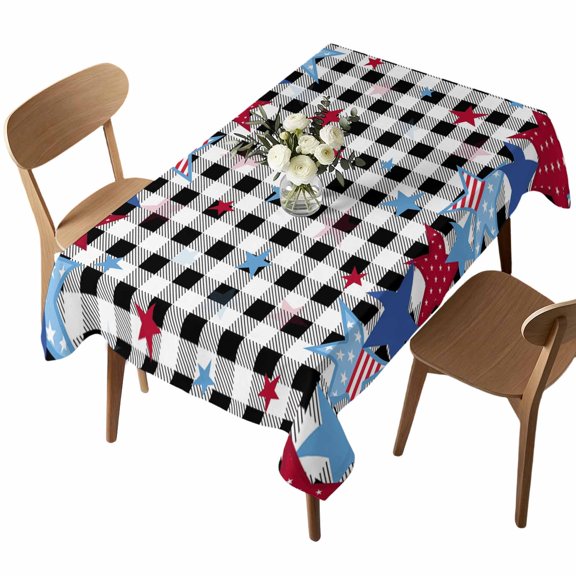 Rectangle Tablecloth, Memorial Flag Day USA Star and Stripe Waterproof Table Cloth 52x70 in Black and White Plaid Lattice Washable Spillproof Table Cover for Kitchen Party Decor Outdoor Camping