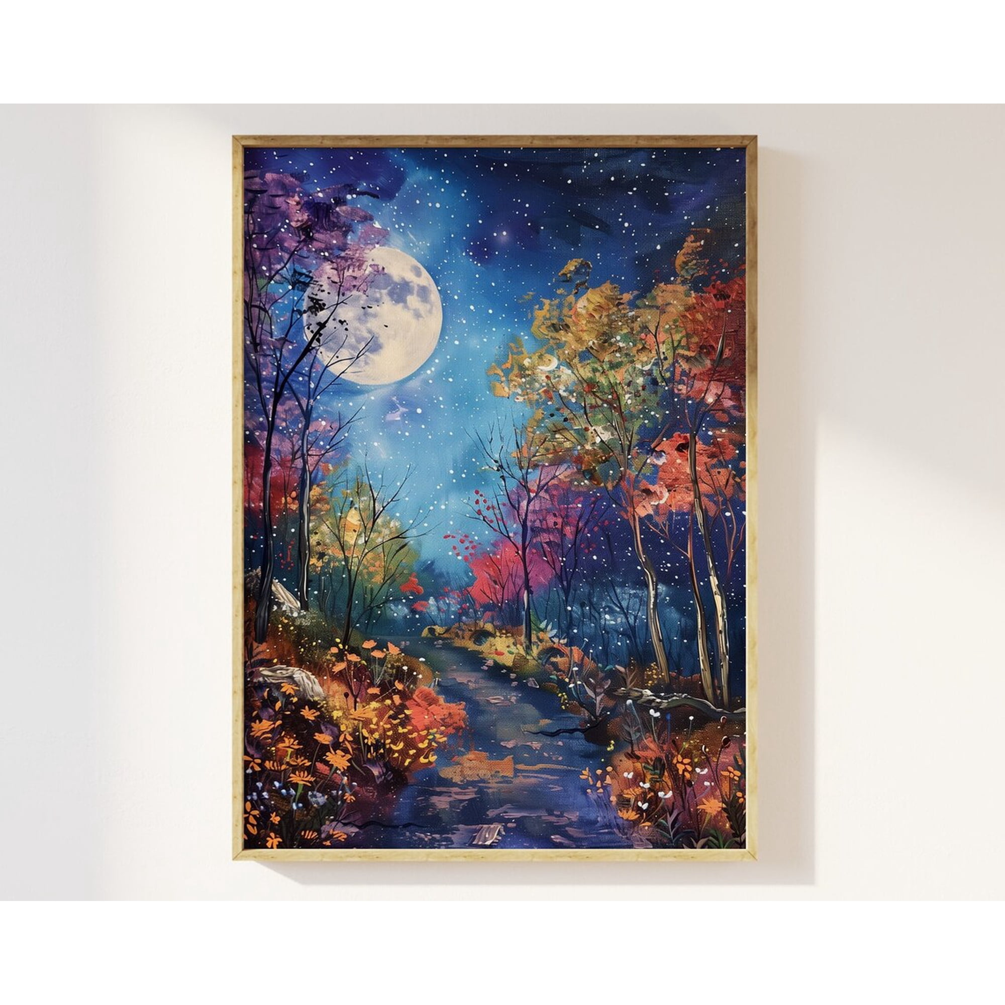 Enchanted Moon Woodland Wall Art Print Mystical Night Forest Decor