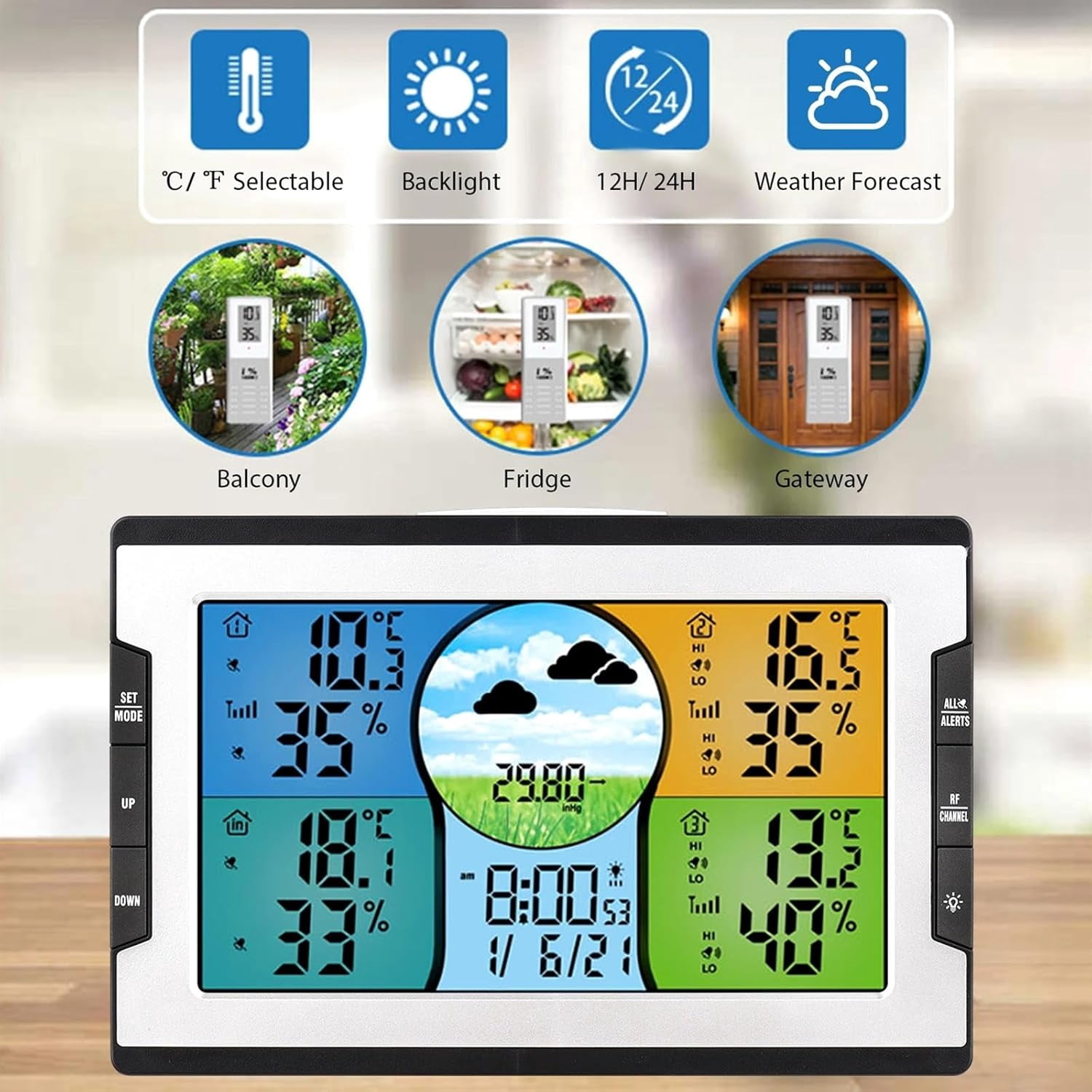 SONGAUN Weather Station, Digital Weather Station with 3 Remote Sensors 328ft/ 100m Temperature Humidity Alarm Clock with Weather Function for Warehouse