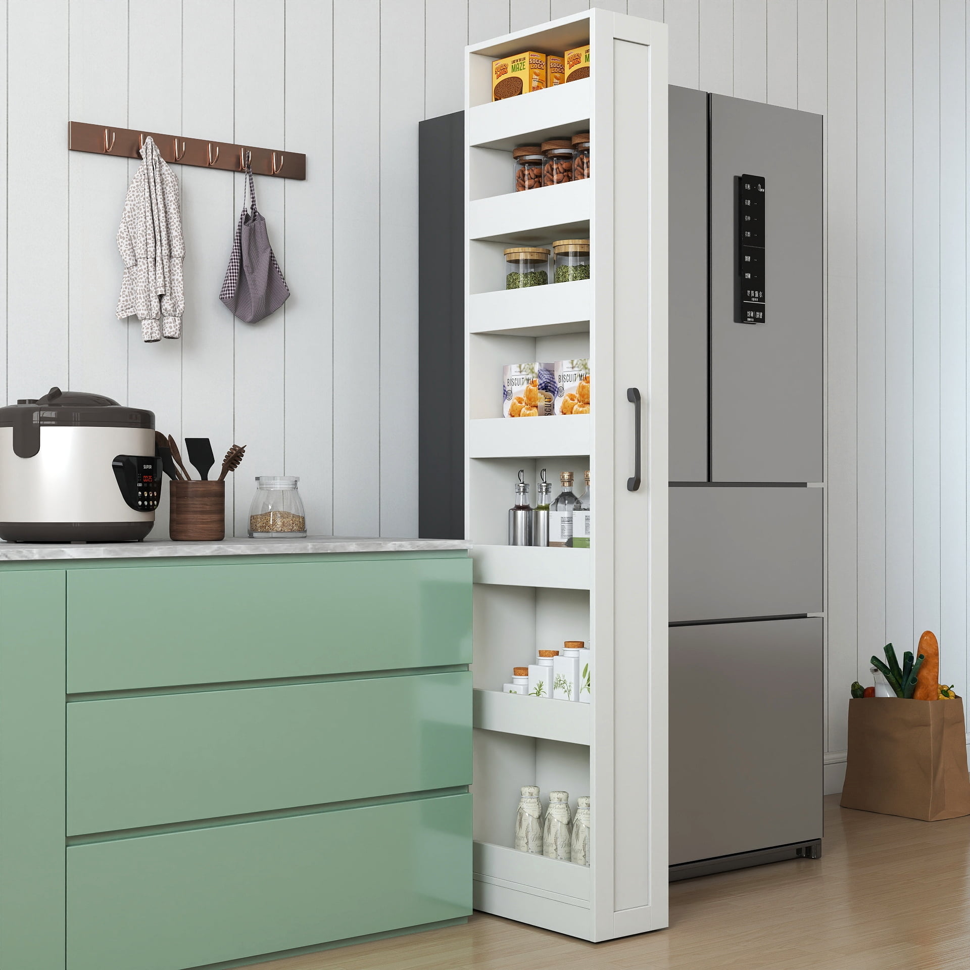 Mintazer 70.75" Tell Pull-Out Pantry Cabinet, 7-Tier Kitchen Storage Carts with Storage Shelf for Kitchen Living Room, White