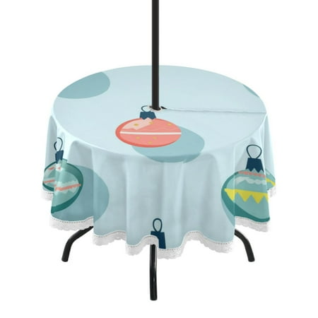 

60 Outdoor Round Tablecloth with Umbrella Hole & White Lace Trim Waterproof Patio Table Cover for Garden Kitchen Dining Colorful Baubles