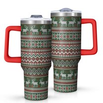 Red and Green Christmas Reindeer Pattern Tumbler with Handle and Lid,40oz Double Wall Vacuum Insulated Tumbler,Cups Gift for Women and Men