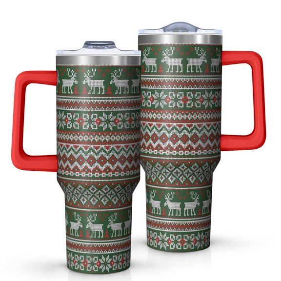 Red and Green Christmas Reindeer Pattern Tumbler with Handle and Lid,40oz Double Wall Vacuum Insulated Tumbler,Cups Gift for Women and Men