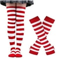 thumbnail image 2 of Lovzfmll Women's Long Fingerless Gloves, Striped Knit Arm Warmers with Socks Set, Elbow Length Winter Warmth Combo for Fashion and Practical Use, Red, 2 of 3