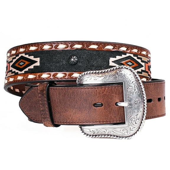 87JD 36" Roper Mens Leather Tribal Inspired 1.5" Wide Belt Aztec Whipstich Brown