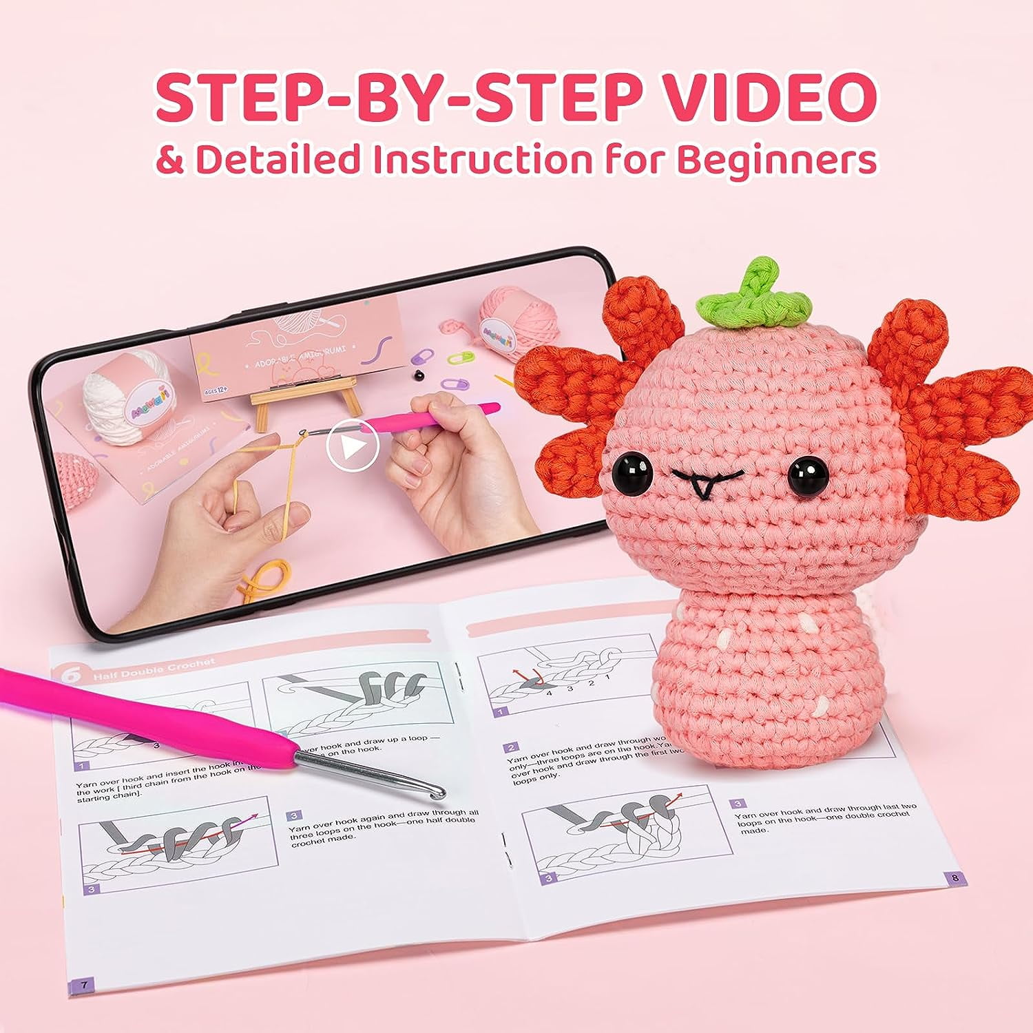  Mewaii Crochet Kit for Beginners, Complete DIY Kit Animals with  40%+ Pre-Started Tape Yarn Step-by-Step Video Tutorials for Adults Kids  (Strawberry Cow)