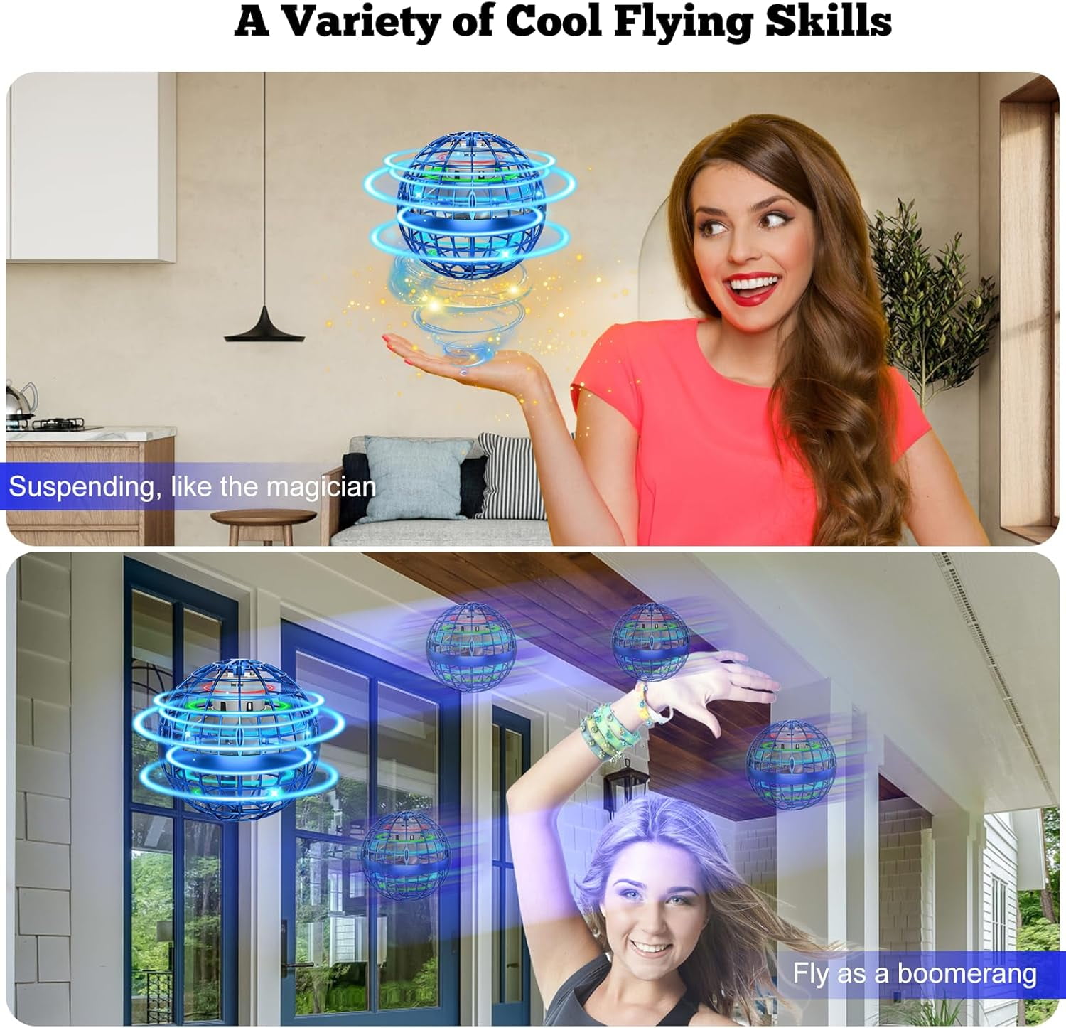2PCS Flying Orb Ball, Hover Boomerang Ball Fidget Spinner, Flying Spinner Ball Toy with RGB LED Light Mini Hand Ball, Cool Stuff Toys Gift Boys Girls Quick Teens Indoor Outdoor