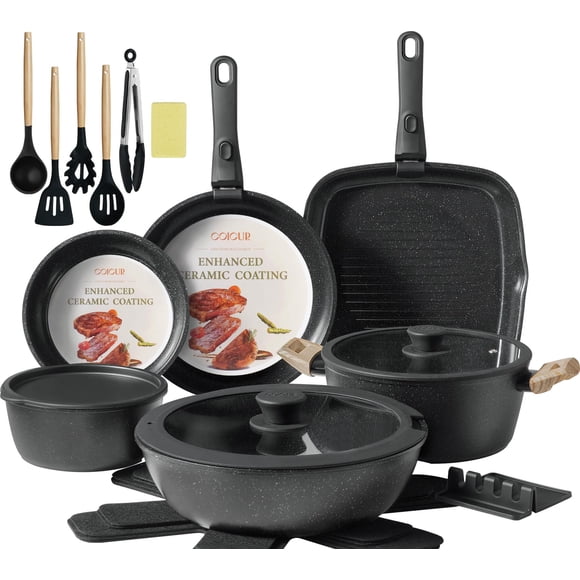 Juego de utensilios de cocina Coicur, cerámica antiadherente, 23 piezas, color negro de inducción