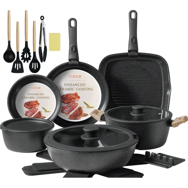 Juego de utensilios de cocina Coicur, cerámica antiadherente, 23 piezas, color negro de inducción