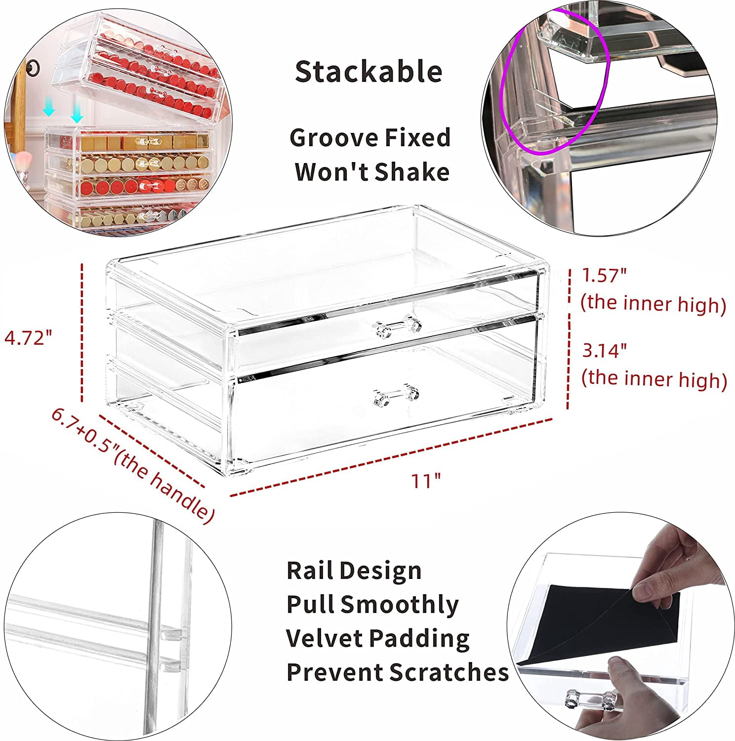 Cq acrylic Countertop Stackable Drawers Bathroom Cabinet Organizer Clear Organizing Bins For Cosmetics Organizer Jewelry Hair Accessories Nail Polish Lipstick Make up Marker Pen Medicine Storage
