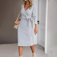 thumbnail image 5 of Women Spring Fall Dress Cross V Neck Lace-up Slim Fit Sheath Long Sleeves Knee Length Knitted Slim Fit Elastic Midi Dress Shopping Dating Dress, 5 of 7