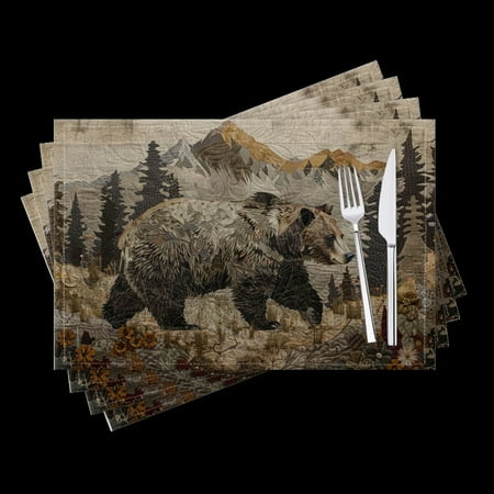 

BaHomeck placemats Set of 4 Bear Walking Through The Wilderness Surrounded By Mountains And Forests Cotton Linen rectangle Placemats for Kitchen Dining Table Indoor Outdoor 18*12inch