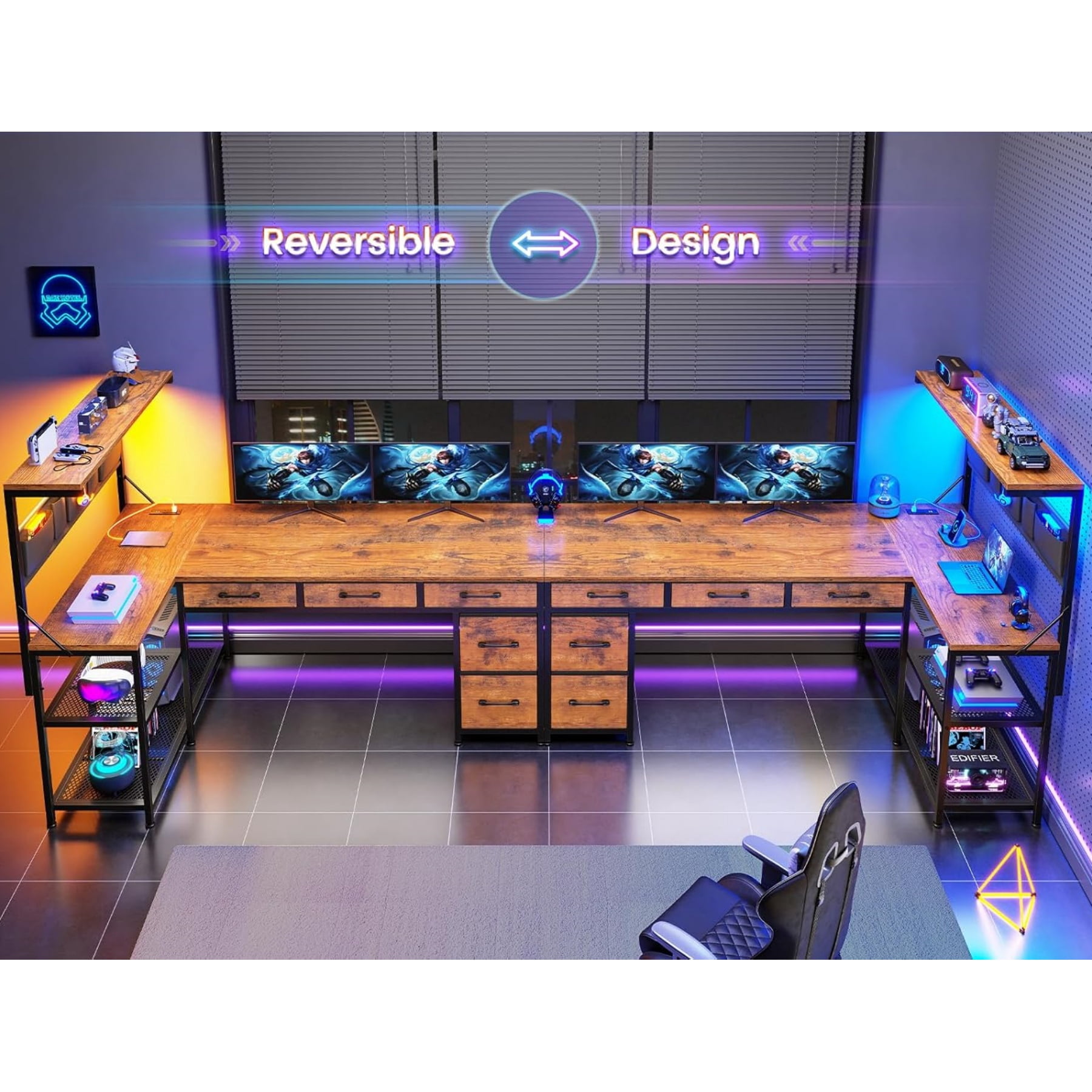 47" L Shaped Desk with 5 Drawers & Hutch, Reversible Gaming Desk with LED Lights & Outlets, Computer Desk with Open Shelves & Storage Bag for CPU, Books etc for Home Office, Space Saving, Rustic Brow