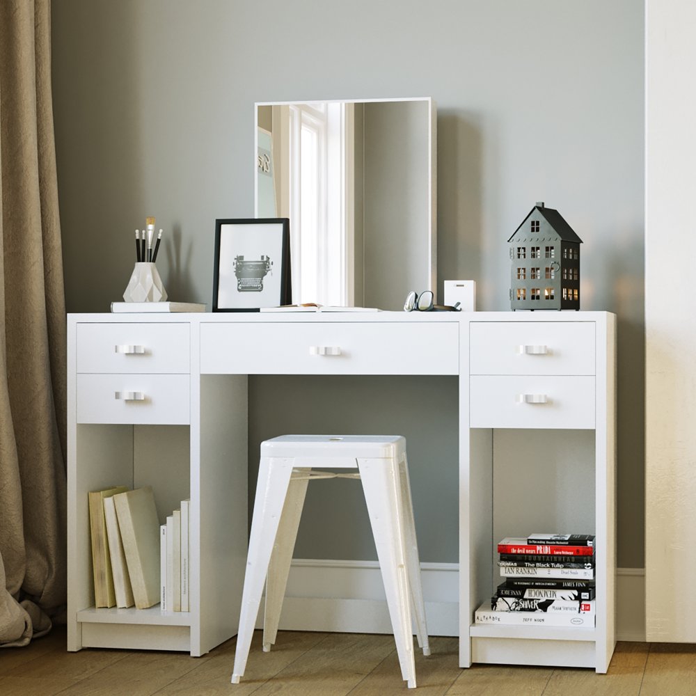 Boahaus Christina Modern Vanity Table with Mirror and 5 Drawers, White