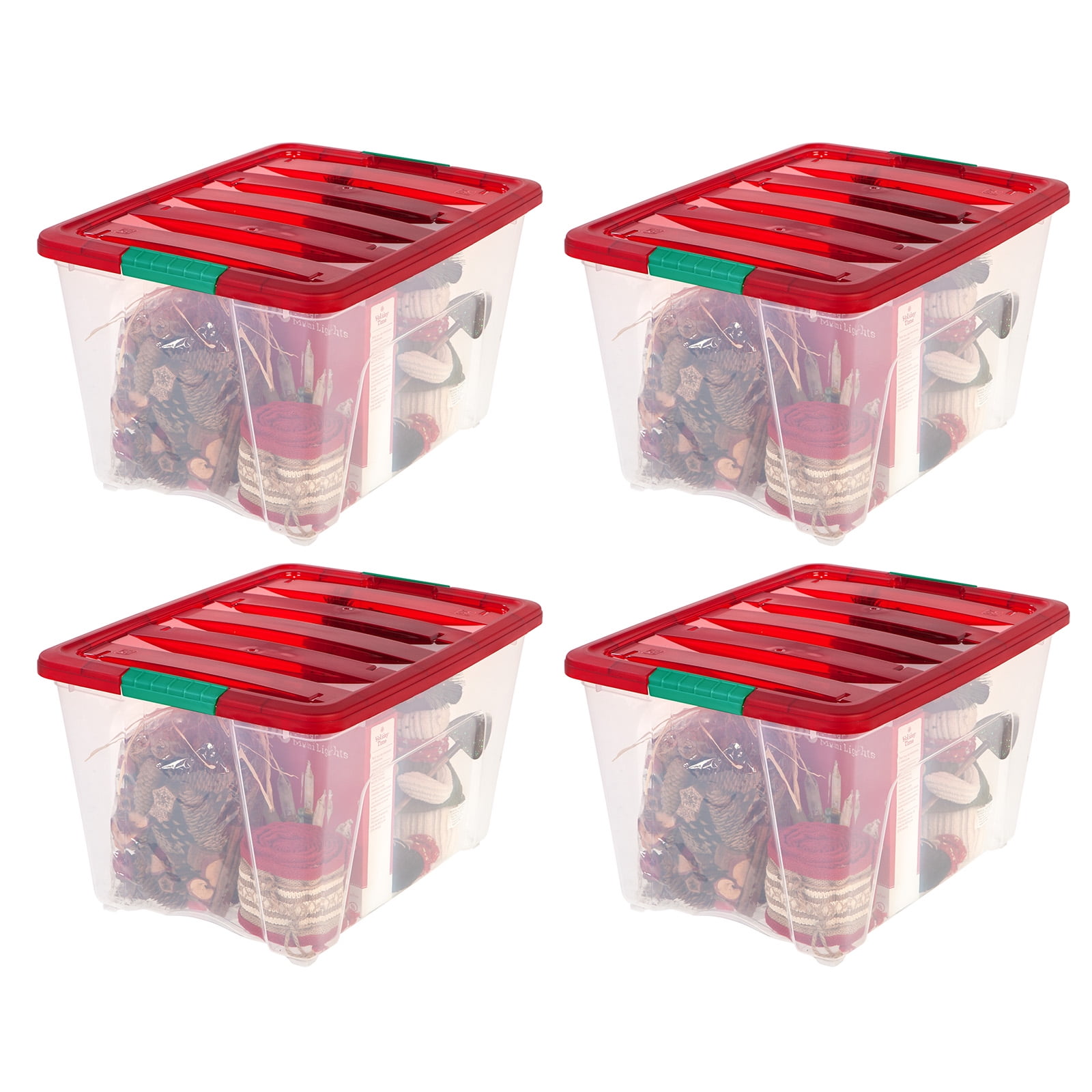 IRIS 54 Qt Stackable Holiday Plastic Storage Bins with Lids and Latching Buckles Clear Red 4 Pack