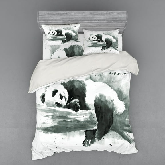 Panda Duvet Cover Set, Panda Lying on a Tree Branch Classic Watercolor Painting Style Artwork Print, Bedding Set with Shams and Fitted Sheet, 3 Sizes, by Ambesonne