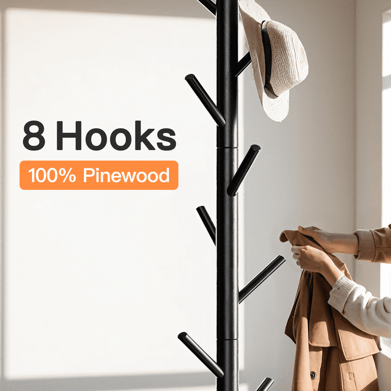 Coat Rack Stand with 3 Height Options and 8 Hooks Wooden Freestanding Coat Rack for Home Office Entryway Hallway