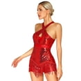 thumbnail image 3 of DOOMIVA Glittery Sparkly Bodysuit for Women Halter Cross Latin Jazz Ballroom Fringe Dance Leotard Red M, 3 of 8