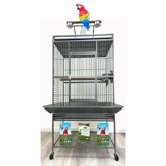 X-Large Deluxe  Wrought Iron Play Ground Perch Stand Climbing Ladder Top Bird Parrot Rolling Metal Cage, Include Stainless Feed Cups Natural Wooden Stand Perch Seed Guard