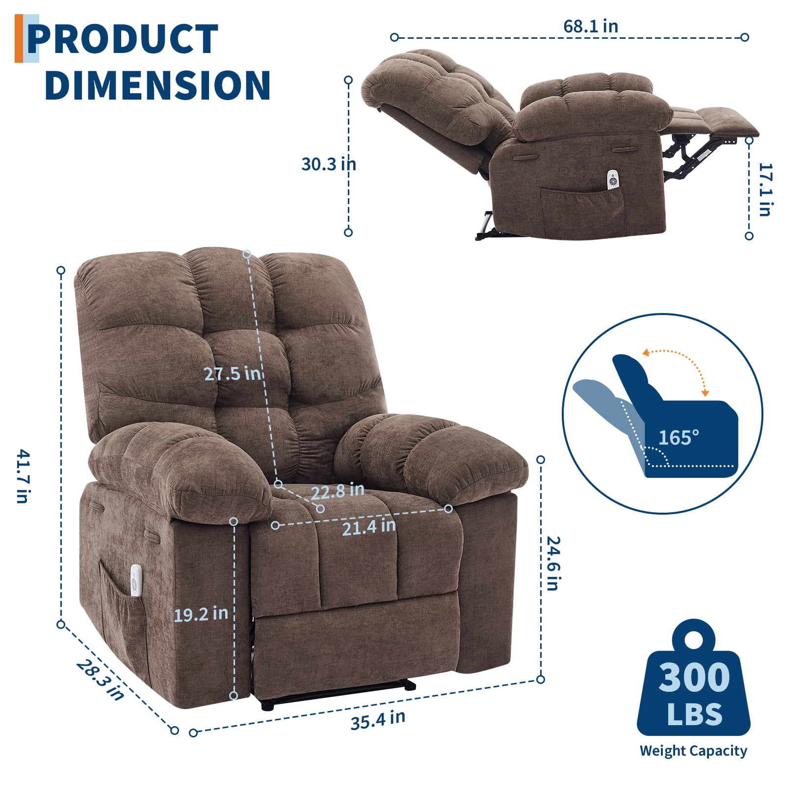 Recliner Chair for Adult, Recliner with Massage&Heating, Manual Recliners, Upholstery Rocking Sofa Chair, Coffee