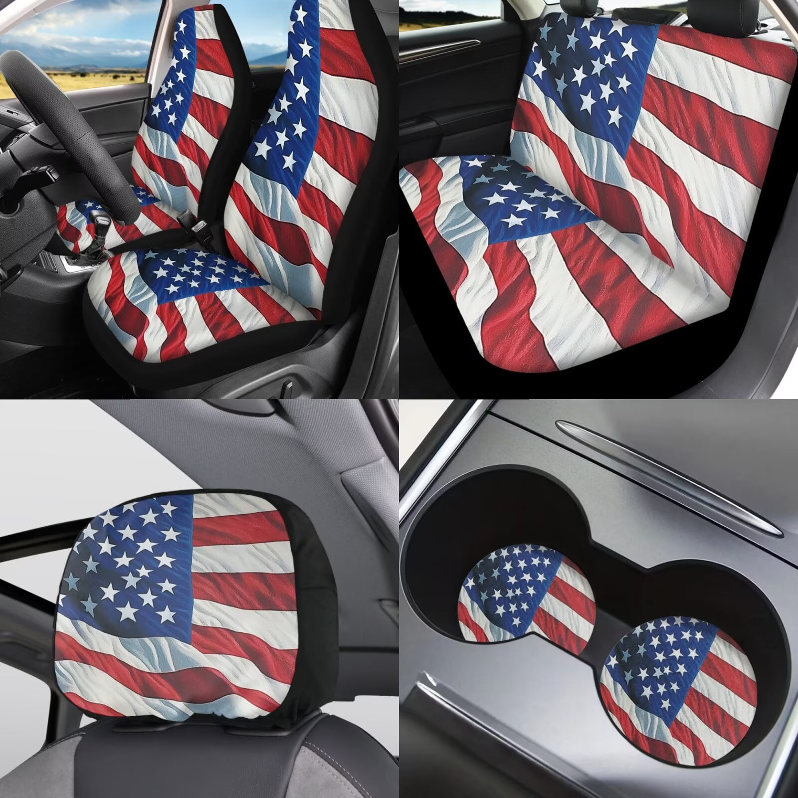 Garronmavis American Flag 11 Pcs Car Seat Covers Full Set with Cars Headrest Protectors+Lanyards Key Ring+Auto Cup Coaster+Handbrake Gear+Shift Knob Cover Interior Accessiores for Decor