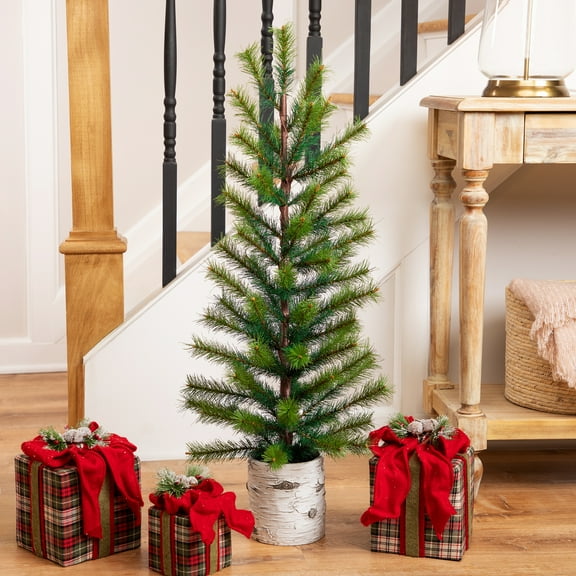 Northlight Slim Pine Artificial Christmas Tree in Birch Wood Pot - 36" - Unlit