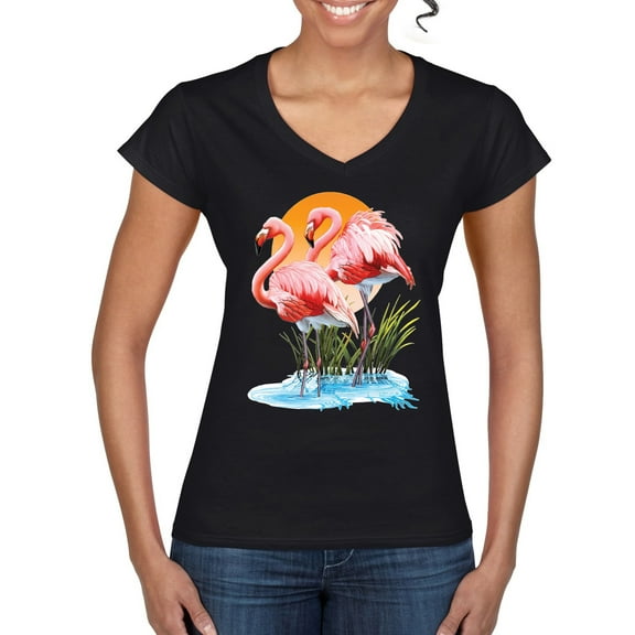 Wild Bobby, Flamingo Love Print, Animal Lover, Women Standard V-Neck Tee, Black, Small